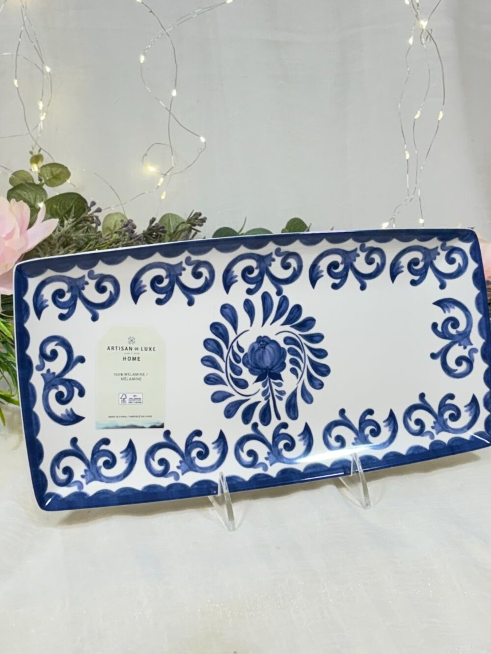 Artisan de Luxe Rose SCROLL MELAMINE Blue white Serving Tray Plate New 13"
